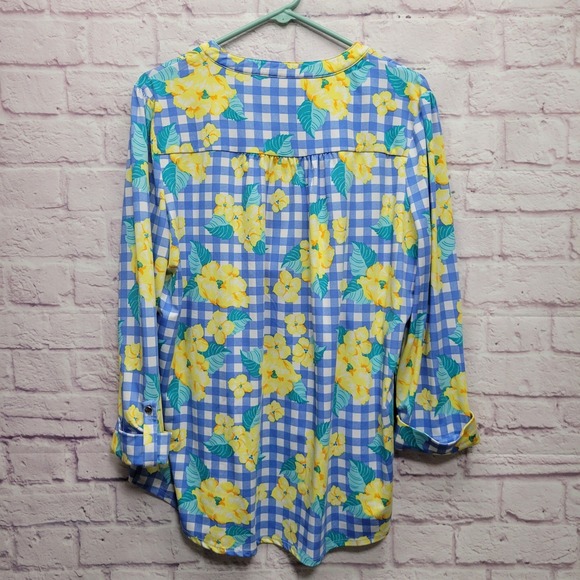 Kim Rogers Retro Floral Button Blouse Womens XL Gingham Cottagecore Coastal‎ - Picture 2 of 8